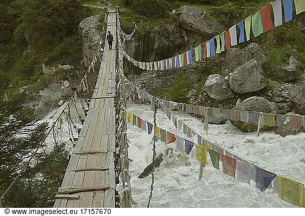 NEPAL Phunki Tenga -- Jul 2007 -- Khumbus Flüsse sind während des Monsuns in vollem Fluss und eine Sehenswürdigkeit für sich. Hier überquert ein Sherpa eine Brücke über den tosenden Dudh Khosi (Milky River). Trekking in der Everest-Region in den Monsunmonaten wird für einige immer beliebter. Zwar sind die Aussichten nicht so spektakulär wie in den Hauptsaisonen  aber die schwer fassbaren  wolkenverhangenen Landschaften sind bezaubernd. In der Monsunzeit zeigt sich die Everest-Region von einer anderen Seite  mit leuchtenden Blumen und weniger Wanderern  was eine andere Wanderung als die übliche ermöglicht -- Bild von Jon Mitchell / Lightroom Photos.