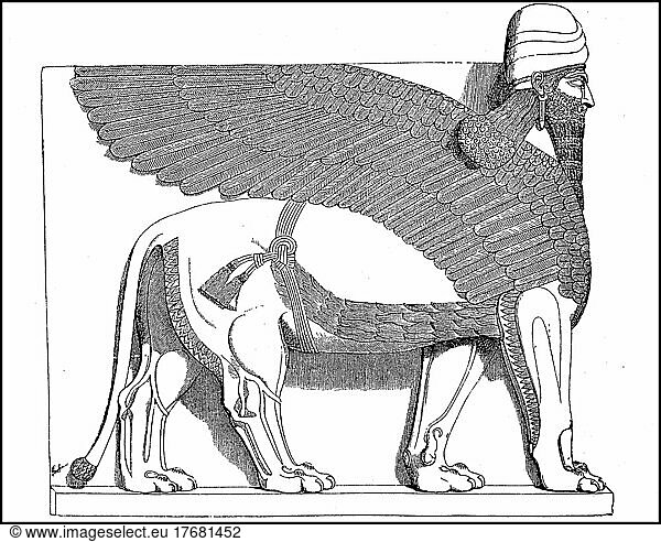 Nergal als Mannlöwe  Nergal  eine Gottheit der sumerisch-akkadischen  babylonischen und assyrischen Religion und Vorbild und Bestandteil anderer Gottheiten anderer altorientalischer Völker. Nergal ist der Gott der Unterwelt Kurnugia  digital restaurierte Reproduktion einer Vorlage aus dem 19. Jahrhundert  genaues Datum unbekannt
