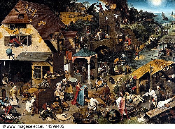 Netherlandish Proverbs’  a painting by Pieter Bruegel the Elder depicting a land populated with Dutch/Flemish proverbs.. Netherlandish Proverbs’ is an oil-on-oak-panel painting by Pieter Bruegel the Elder which depicts a land populated with literal renditions of Dutch/Flemish proverbs of the day. From 1559.