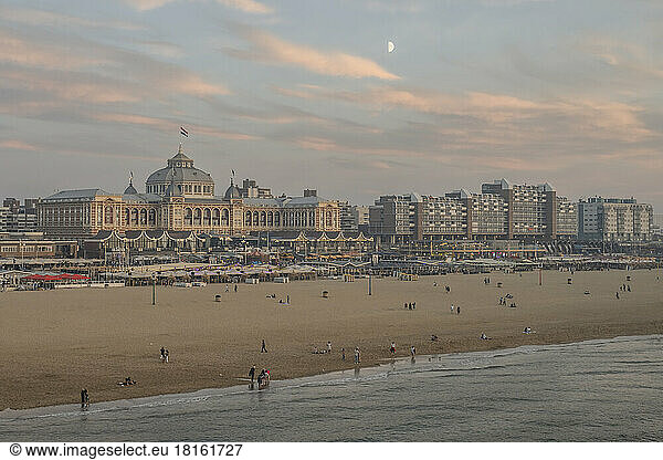 Netherlands  South Holland  The Hague  Sandy beach in front of Grand Hotel Amrath Kurhaus at dusk