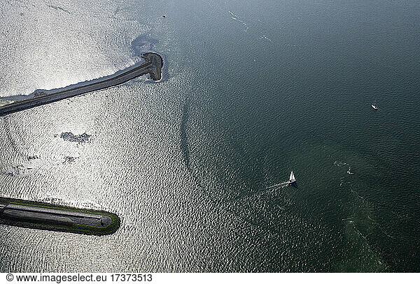 Netherlands  Zeeland  Zierikzee  Aerial view of sailboat at sea