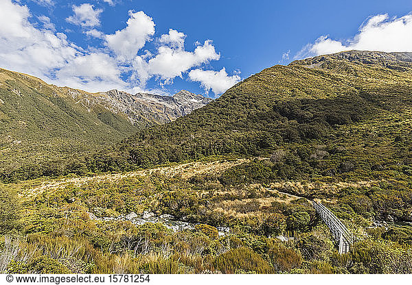 Neuseeland  Distrikt Selwyn  Arthurs Pass  Grün bewaldetes Bergtal