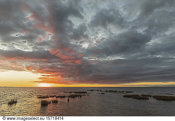 Neuseeland  Distrikt Tasman  Puponga  Golden Bay bei bewölktem Sonnenaufgang