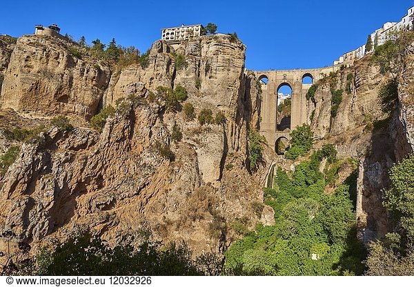 New Bridge and town  Puente Nuevo  Tajo Gorge  Ronda  Malaga-province  Andalusia  Spain.