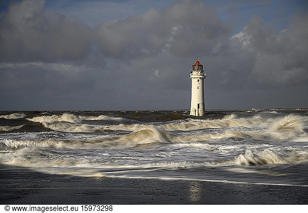 New Brighton lighthouse during stormy conditions  The Wirral  Cheshire  England  United Kingdom  Europe