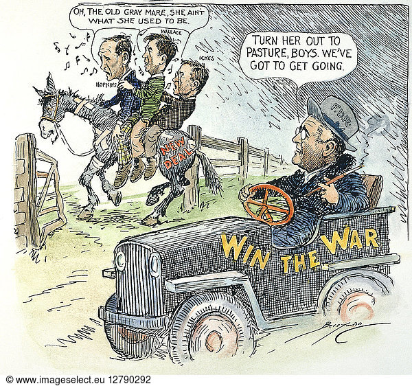 NEW DEAL: CARTOON  1943. American cartoon by Clifford Berryman  1943  illustrating President Roosevelt's remark that 'Dr. Win the War' was supplanting 'Dr. New Deal.'