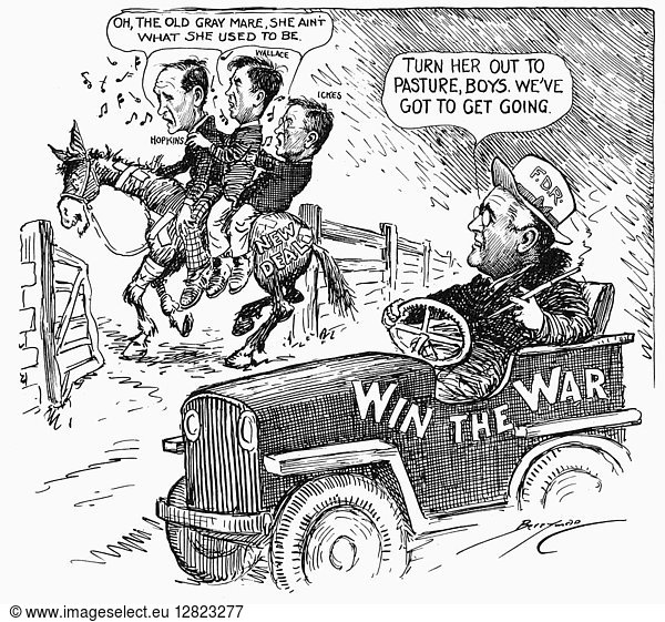 NEW DEAL: CARTOON  1943. American cartoon by Clifford Berryman  1943  illustrating President Roosevelt's remark that 'Dr. Win the War' was supplanting 'Dr. New Deal' in the priorities of his administration.
