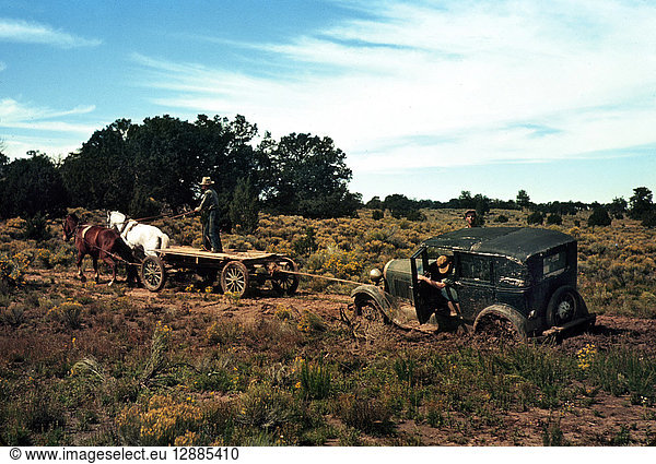 NEW MEXICO: PIE TOWN  1940. A team of horses pulling a car out of the mud on a dirt road near Pie Town  New Mexico. Photograph by Russell Lee  1940.