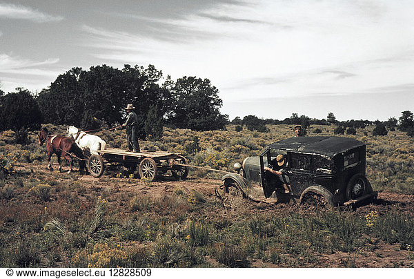 NEW MEXICO: ROADS  1940. Horses pulling a car out of the mud in Pie Town  New Mexico. Photograph by Russell Lee  1940.