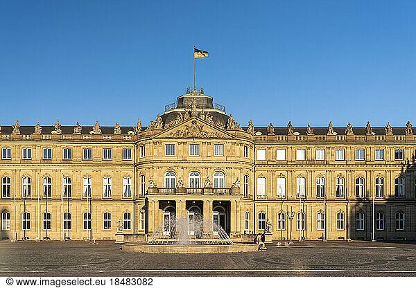 New Palace with fountain on sunny day  Stuttgart  Germany