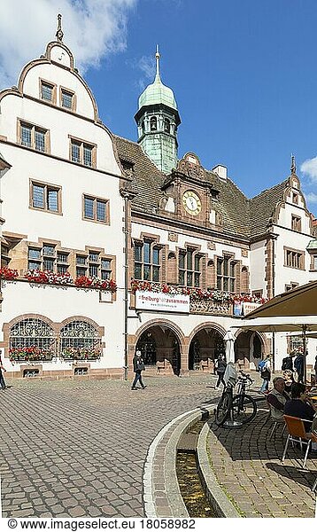 New town hall with bell tower at the town hall square  in the foreground the Bächle  Freiburg im Breisgau  Baden-Württemberg  Germany  Europe