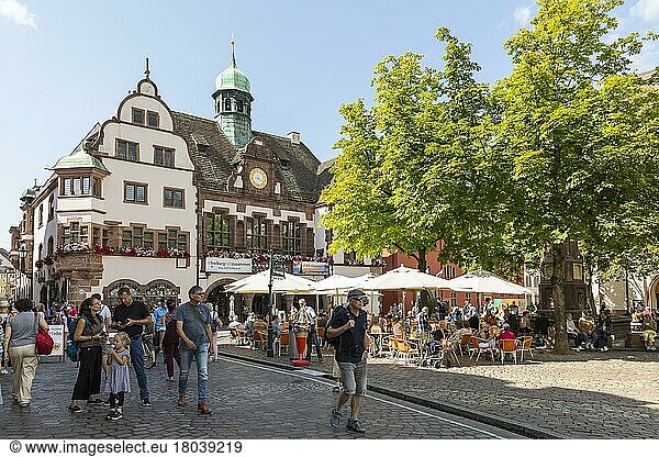 New town hall with bell tower  town hall square and brooks  Freiburg im Breisgau  Baden-Württemberg  Germany  Europe