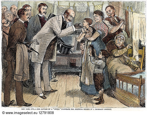 NEW YORK: CANVASSING  1881. A New York City politician running for office pays a visit to a tenement home. Wood engraving  American  1881.