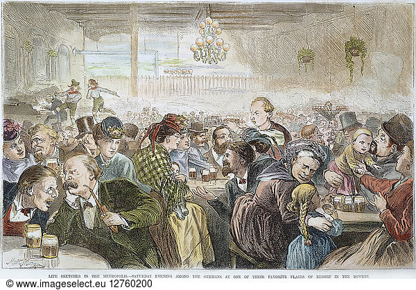 NEW YORK CITY BEER HALL. A German beer hall on the Bowery in New York City. Wood engraving  1872.