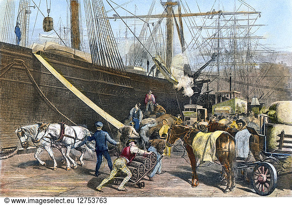 NEW YORK CITY DOCKS  1877. Stevedores unloading a ship at a dock in New York City  1877. Wood engraving from a contemporary American newspaper.