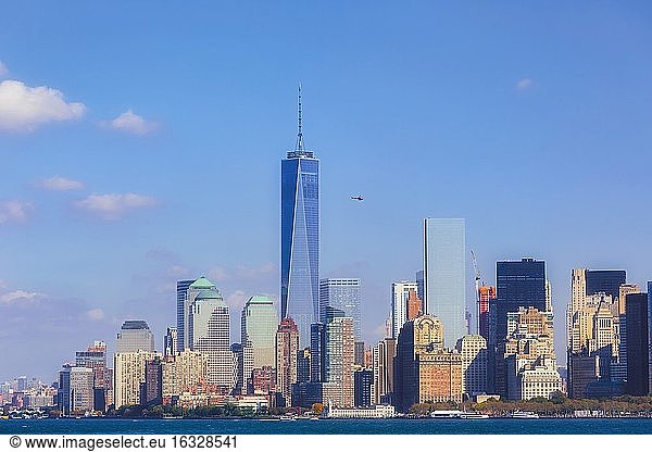New York  New York State  United States of America. Manhattan seen from New York Bay. The tall building is One World Trade Center  also known as 1 World Trade Center  1 WTC or Freedom Tower.