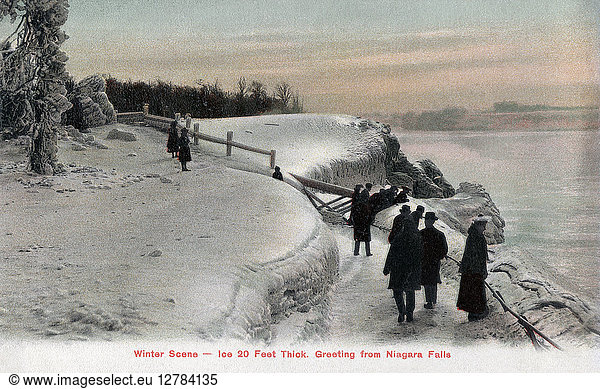 NEW YORK: NIAGARA FALLS. Tourists in the winter  at Niagara Falls  New York. Canadian photo postcard  early 20th century.