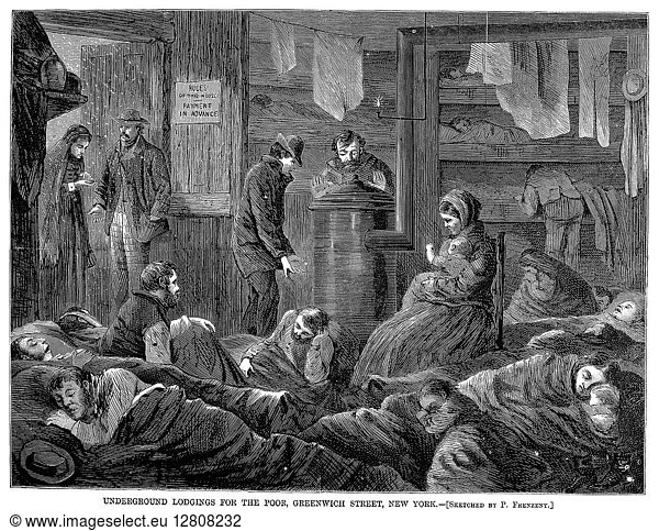 NEW YORK: POVERTY  1869. 'Underground lodgings for the poor  Greenwich Street  New York.' Wood engraving  American  1869.