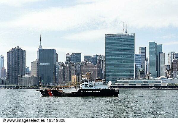 New York  United States of America  September 23  2019: The U.S. Coast Guard boat Katherine Walker in front of the United Nations headquarters
