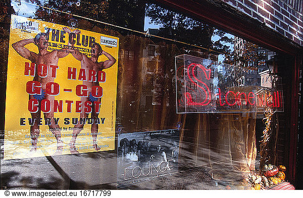 New York (USA) 
Stonewall Inn  51 Christopher Street
(Homosexual bar). Exterior view: window. Photo  November 2000.