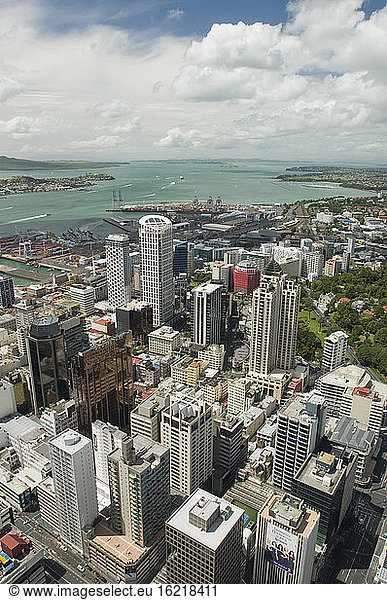 New Zealand  Auckland  View over skyscrapers onto sea