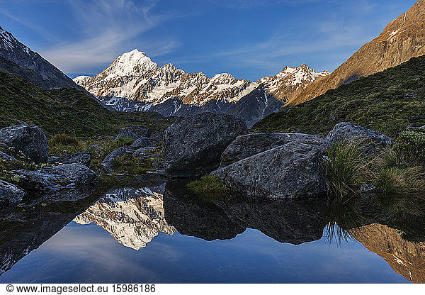 New Zealand  Canterbury  Mount Cook reflecting in small pond at dusk