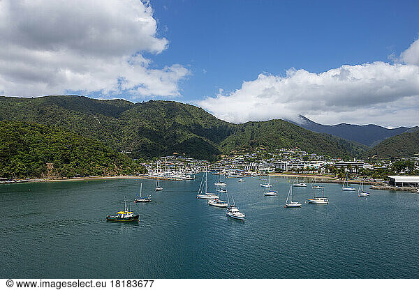 New Zealand  Marlborough  Picton  Boats in front of coastal town