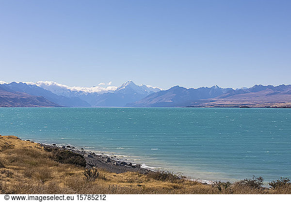 New Zealand  Oceania  South Island  Canterbury  Ben Ohau  Lake Pukaki and Southern Alps (New Zealand Alps) with Aoraki / Mount Cook