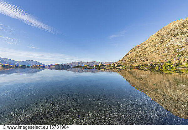 New Zealand  Queenstown-Lakes District  Wanaka  Hills reflecting in Lake Wanaka