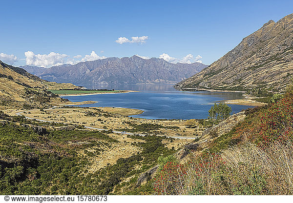 New Zealand  Queenstown-Lakes District  Wanaka  Scenic view of Lake Hawea in summer