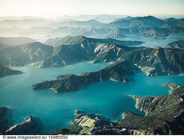 New Zealand South Island bays and mountains from the air