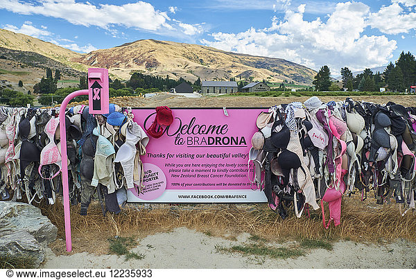 New Zealand  South Island  Crown Range  Cardrona  sign and abundance of bras hanging over fence