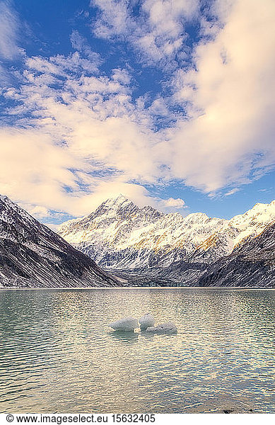 New Zealand  South Island  Scenic view of Clouds over Hooker Lake with Mount Cook and Hooker Glacier in background
