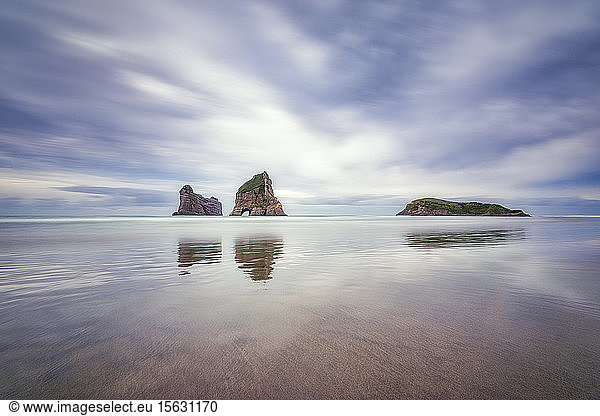 New Zealand  South Island  Wharariki Beach  Archway Islands  rock formations in sea