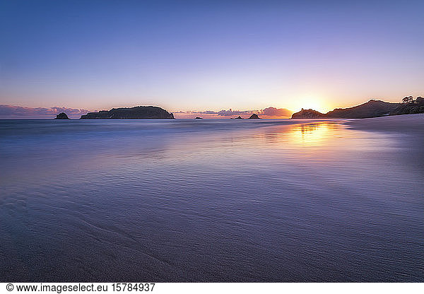 New Zealand  Waikato  Hahei  Long exposure of Mercury Bay at purple sunrise