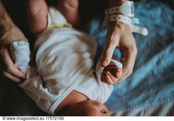 Newborn Baby holding hands with parent