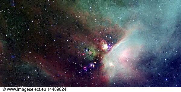Newborn stars peek out from beneath their natal blanket of dust in this dynamic image of the Rho Ophiuchi dark cloud from NASA"s Spitzer Space Telescope. It is one of the closest star-forming regions to our own solar system. Located near the constellations Scorpius and Ophiuchus  the nebula is about 407 light years away from Earth.