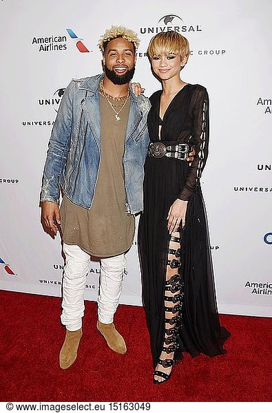 NFL player Odell Beckham  Jr. (L) and actress/singer Zendaya arrive at Universal Music Group's 2016 GRAMMY After Party at The Theatre At The Ace Hotel on February 15  2016 in Los Angeles