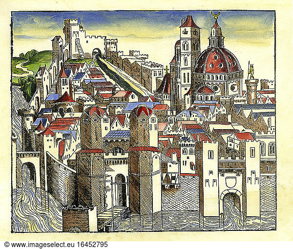 Nicaea (Iznik  Turkey).View of Nicaea.Woodcut  coloured later.From: Hartmann Schedel  Liber chronicarum(Weltchronik)  Nürnberg (Anton Koberger) 1493.