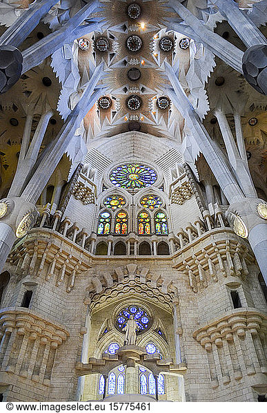 Niedrigwinkel-Innenansicht des Gewölbes  Sagrada Familia  Barcelona  Katalonien  Spanien.