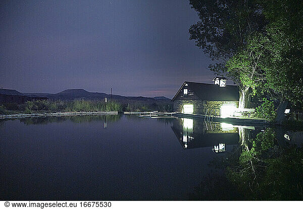 Night Photo of Hot Spring With Bath House