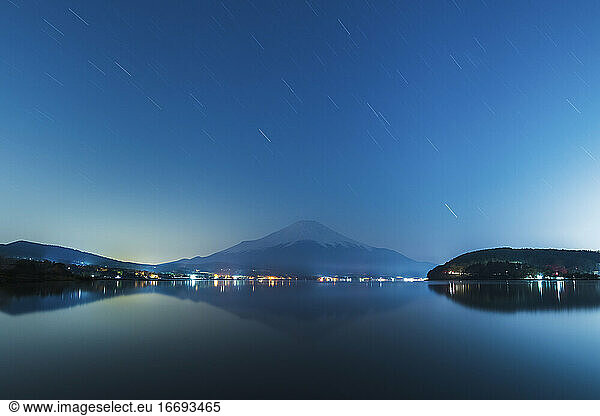 Night shot of Mount Fuji from lake Yamanaka  Yamanashi Prefecture