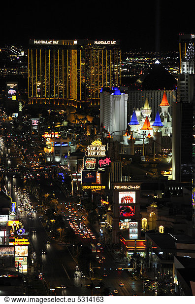 Night shot  The Strip  New York  a luxury hotel  Mandalay Bay  Excalibur Hotel  Las Vegas  Nevada  USA
