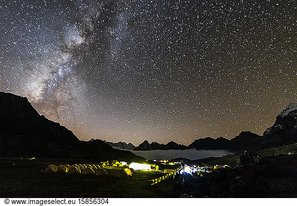 Night stars over Ama Dablam base camp in the Everest region of Nepal