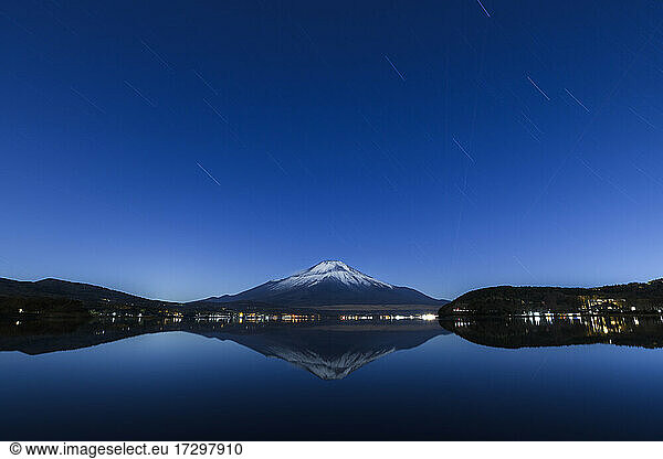 Night view of Mount Fuji from lake Yamanaka  Yamanashi Prefecture  Japan
