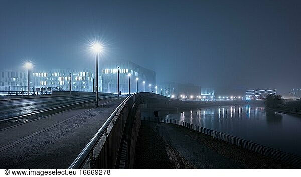 Nightly Hugo-Preuß-Bridge in the fog  Berlin  Germany  Europe