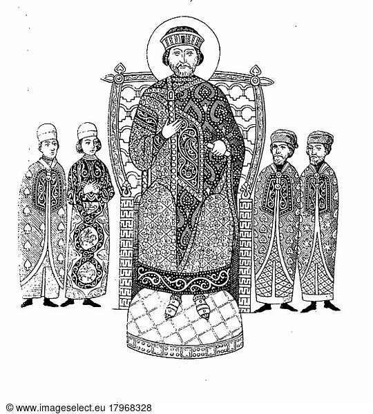 Nikephoros III. Botaneiates  war von 1078 bis 1081 Kaiser des byzantinischen Reiches  Geschichte der Mode  Kostümgeschichte  Historisch  digitale Reproduktion einer Originalvorlage aus dem 19. Jahrhundert