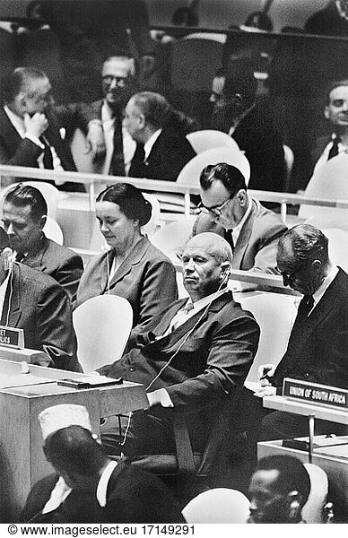 Nikita Khrushchev  leader of the Union of Soviet Socialist Republics  at a meeting of the United Nations General Assembly  New York  New York  USA  Warren K. Leffler  September 22  1960