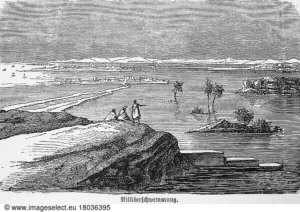 Nil  Überschwemmung  Niederschlag  Landschaft  Landwirtschaft  Dorf  Inseln  Palmen  Gebirge  Ufer  Menschen  historische Illustration 1885  Orient  Ägypten  Afrika