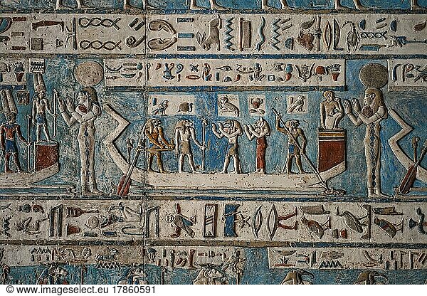 Nile barque  ceiling relief  large vestibule Pronaos  Temple of Hathor  Dendera  Qina  Egypt  Africa